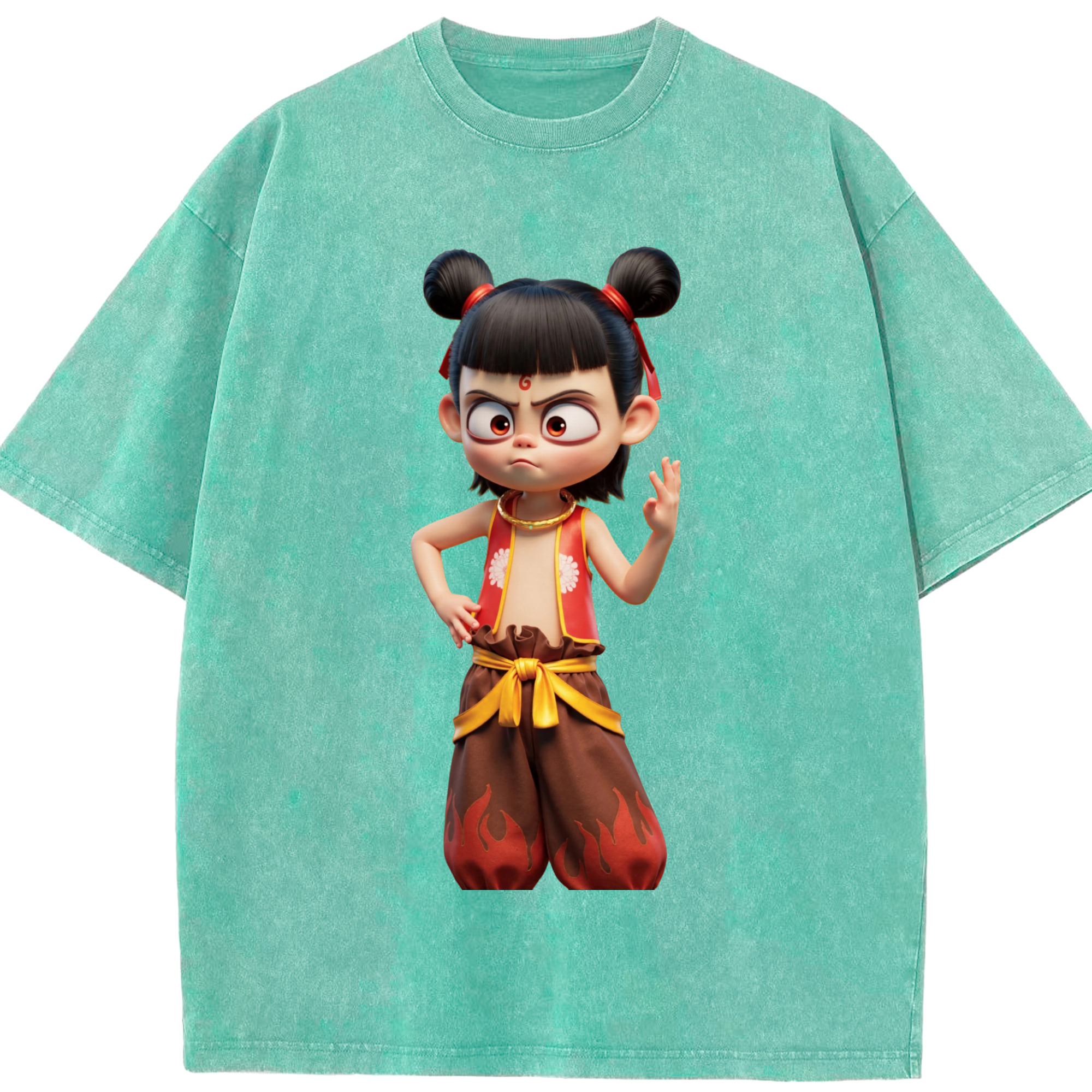 （画像用） Ne Zha 2 ナタ 魔童の大暴れ 綿100% ヴィンテージ風 半袖Tシャツ（フロントプリント）